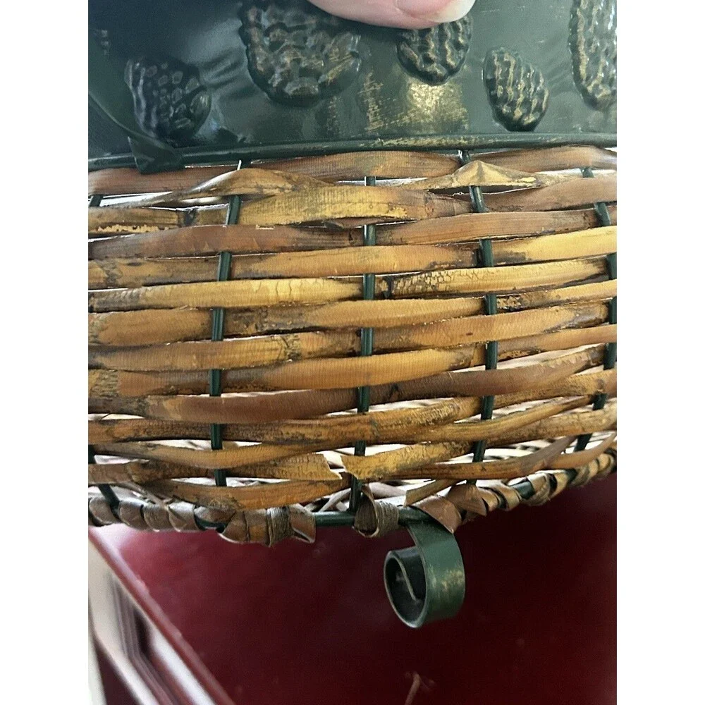 Vintage Wicker Oval Pine Cone Basket Green Metal Handles Stamped Pine Cones READ